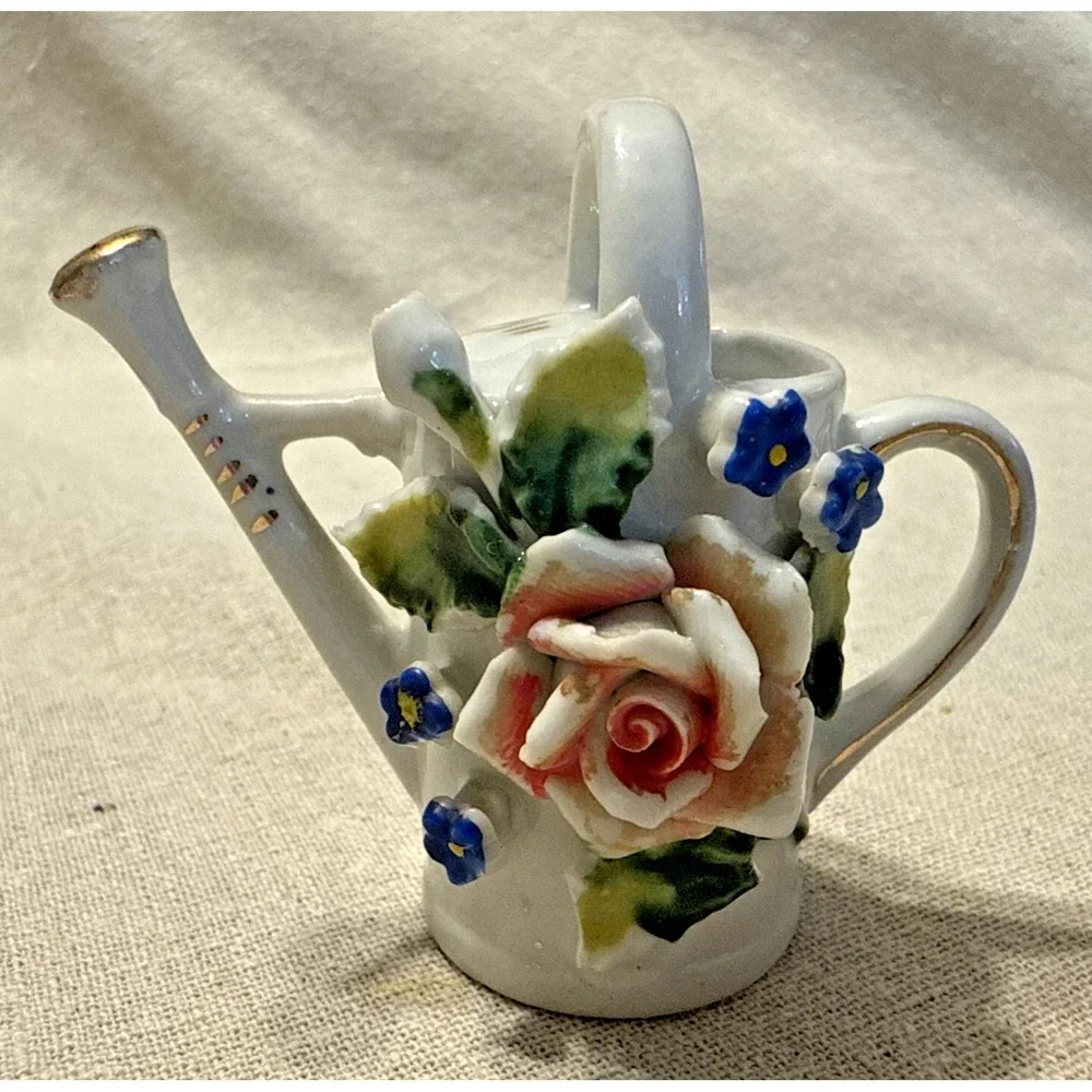 Vintage Miniature White Pitcher And Watering Can‎ with Figural Flower Japan